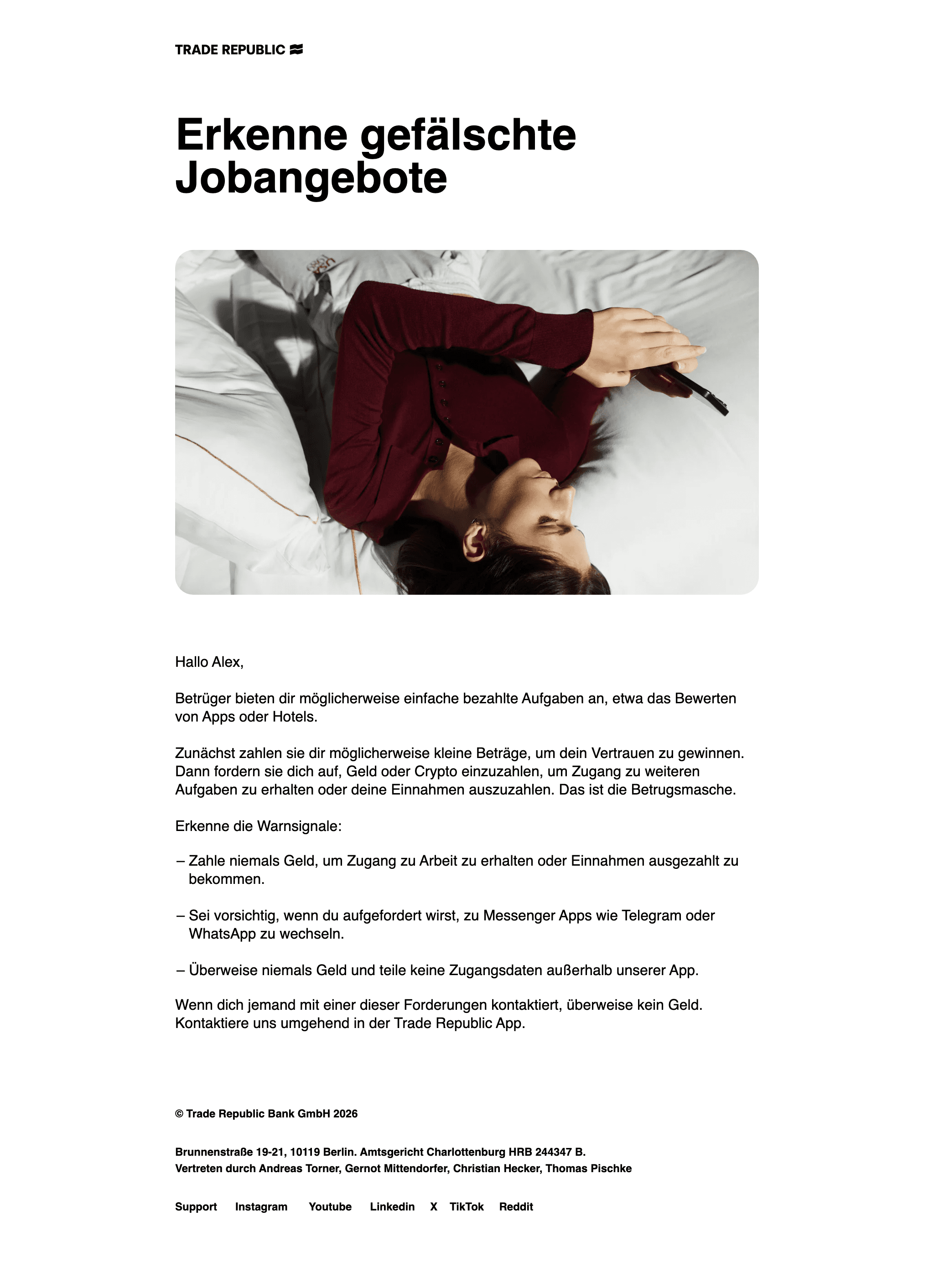 Desktop screenshot of “Erkenne gefälschte Jobangebote” from Traderepublic