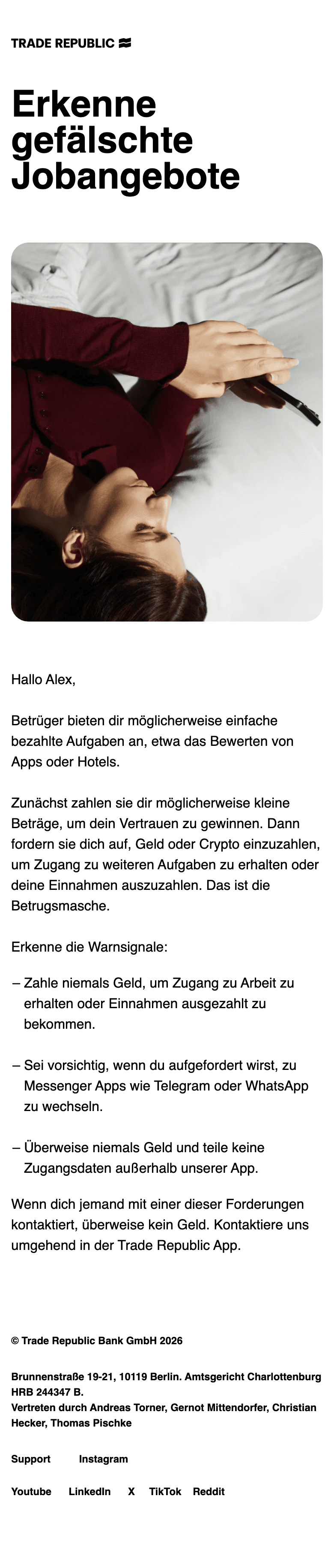 Screenshot of “Erkenne gefälschte Jobangebote” from Traderepublic