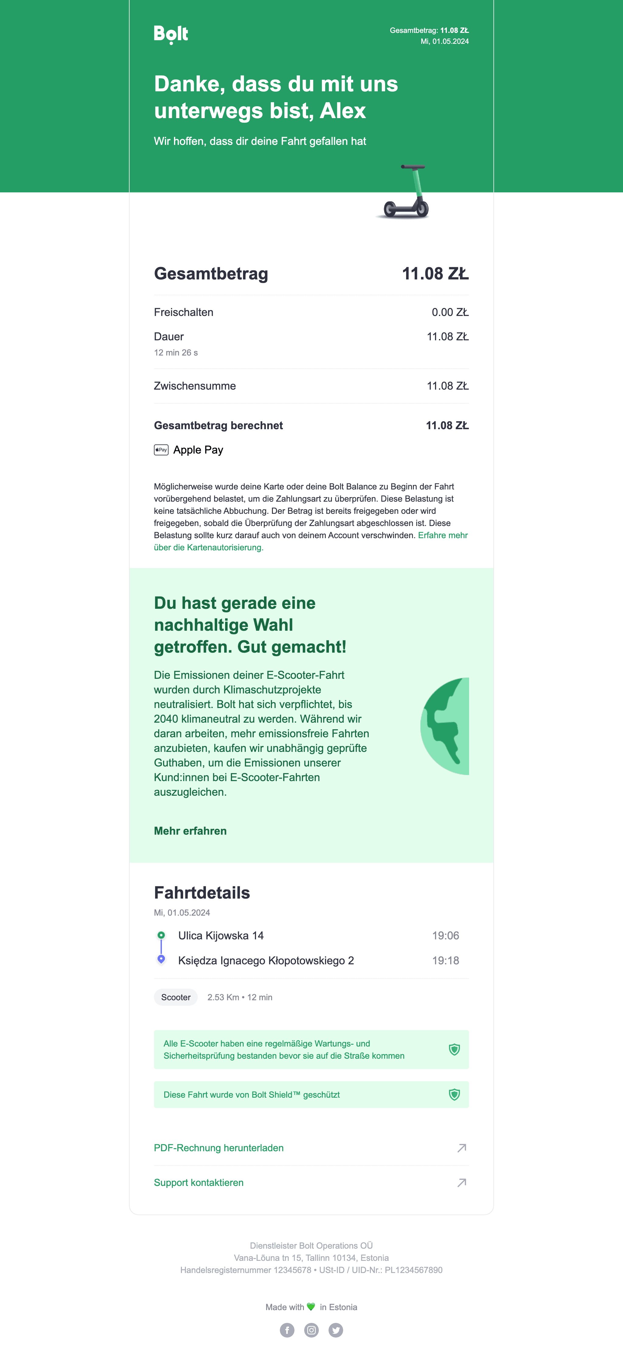 Desktop screenshot of “Deine Bolt E-Scooter-Fahrt am Mittwoch” from Bolt