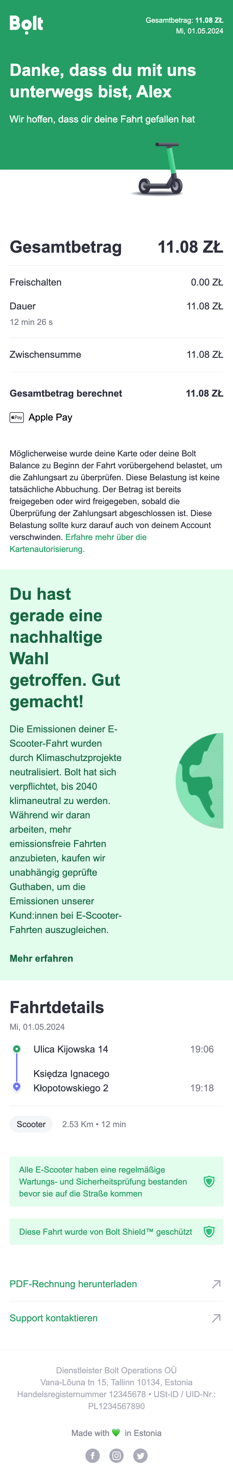 Screenshot of “Deine Bolt E-Scooter-Fahrt am Mittwoch” from Bolt