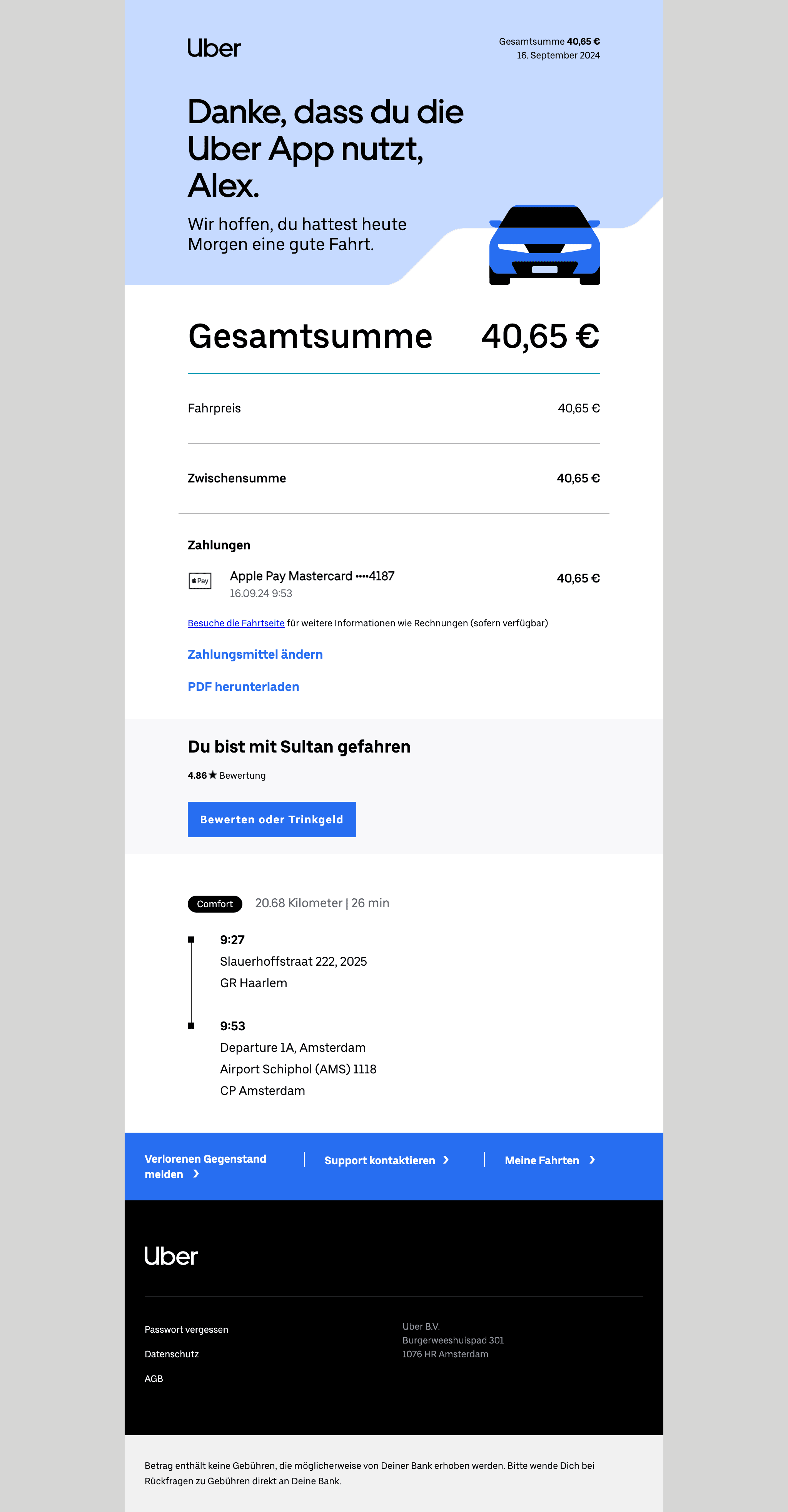 Desktop screenshot of “[Personal] Deine Fahrt mit Uber am Montagmorgen” from Uber
