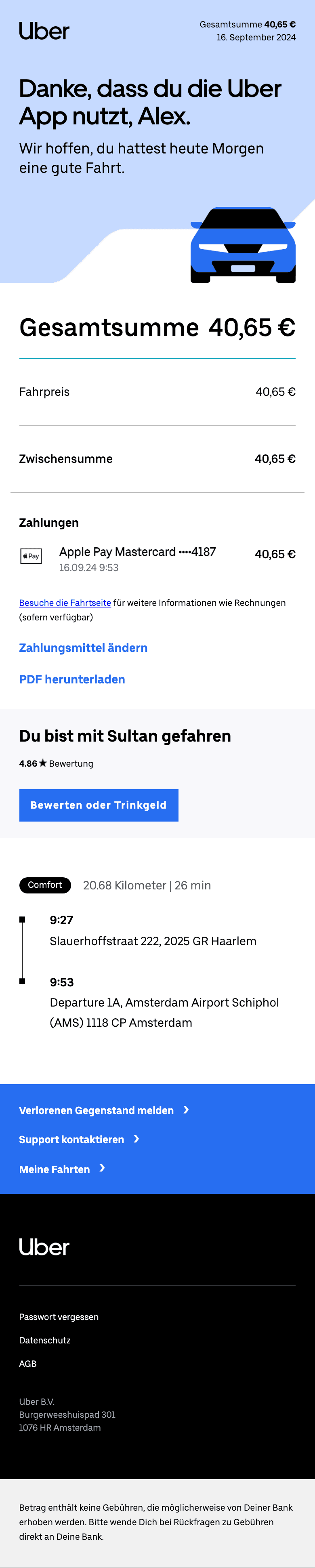 Screenshot of “[Personal] Deine Fahrt mit Uber am Montagmorgen” from Uber