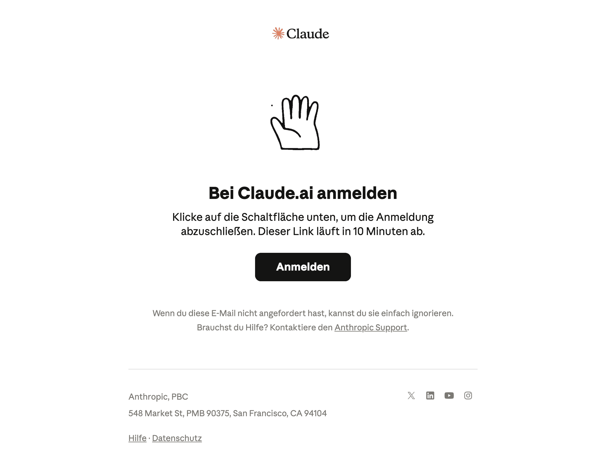 Desktop screenshot of “Dein sicherer Link zu Claude.ai ist da | 2026-10-03 17:10:27” from Anthropic