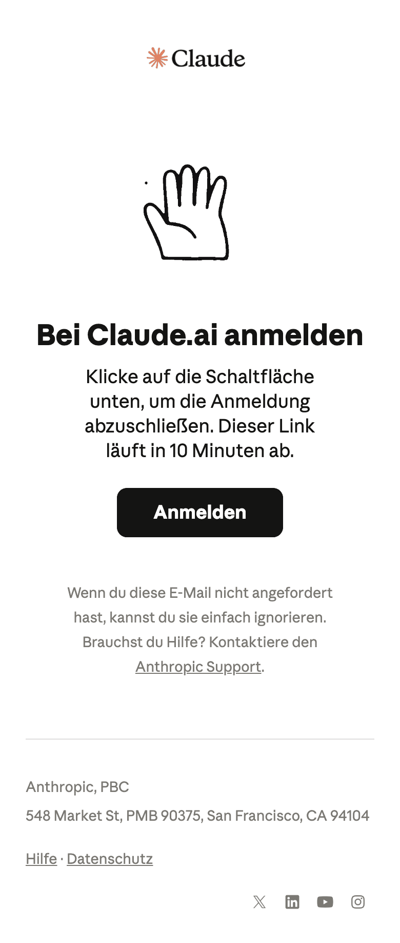 Screenshot of “Dein sicherer Link zu Claude.ai ist da | 2026-10-03 17:10:27” from Anthropic