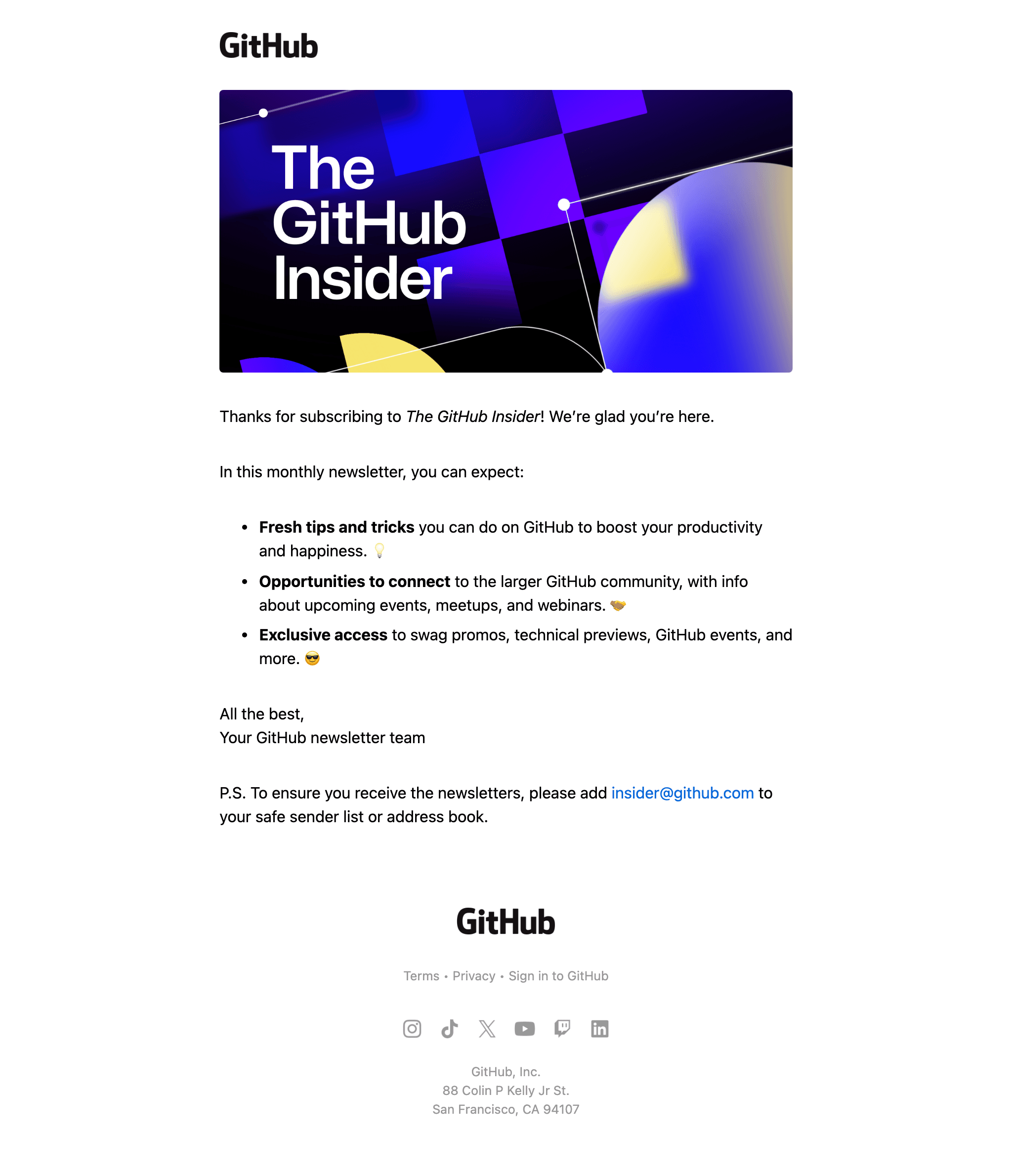 Desktop screenshot of “You’re now a GitHub Insider!” from Github