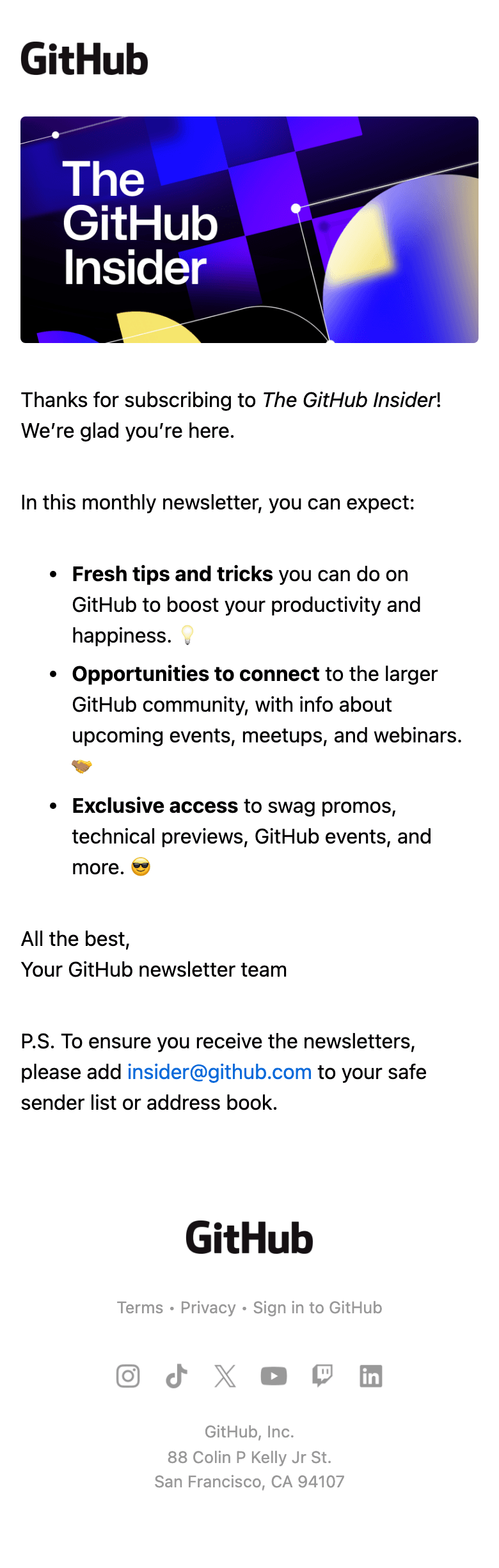 Screenshot of “You’re now a GitHub Insider!” from Github