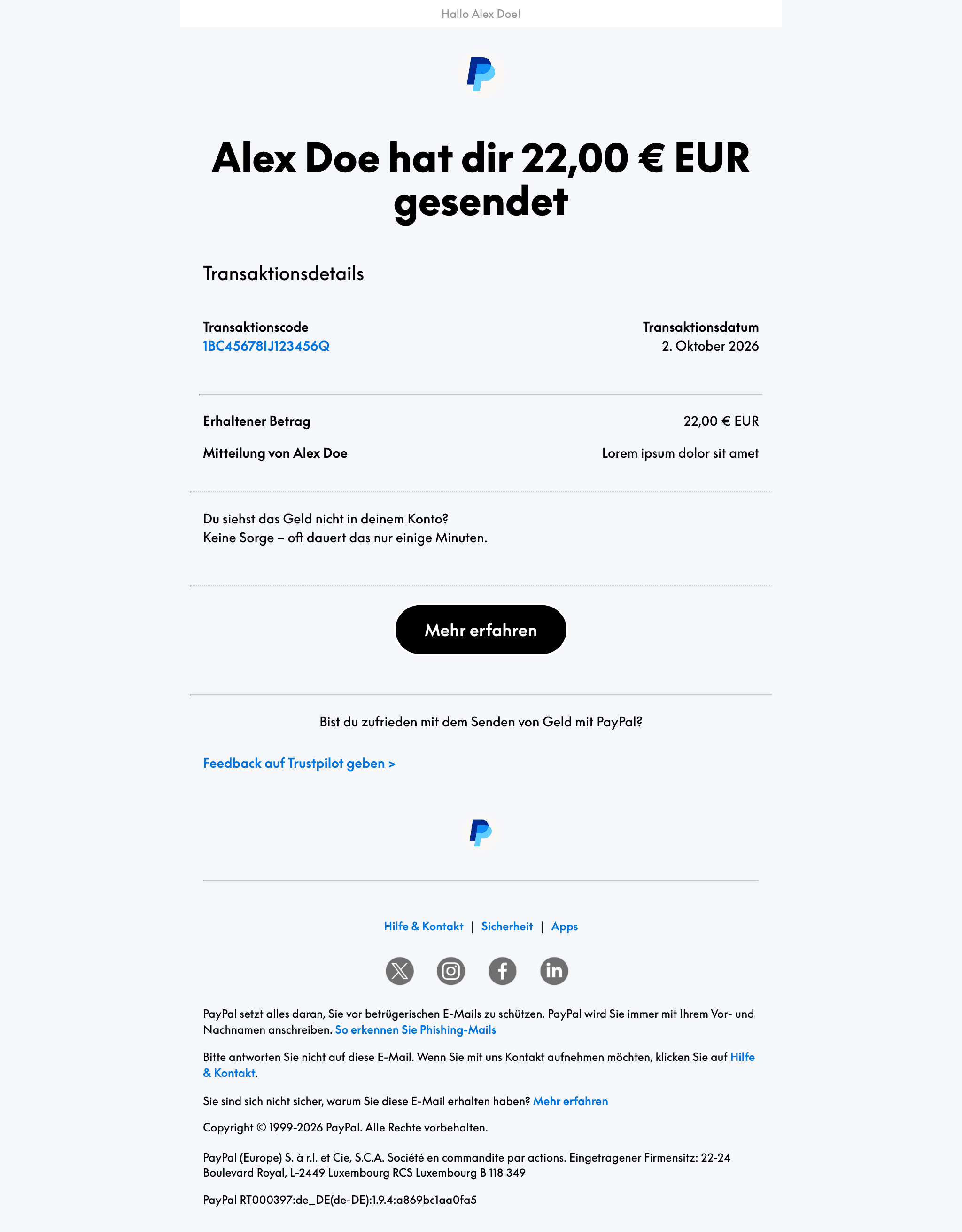 Desktop screenshot of “Du hast eine Zahlung erhalten” from Paypal