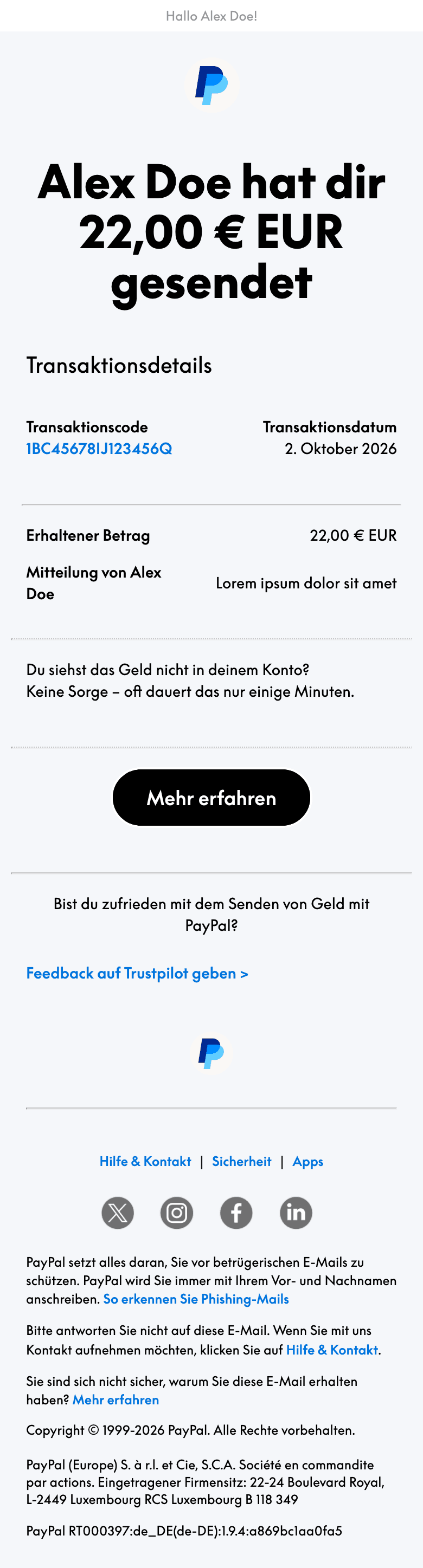 Screenshot of “Du hast eine Zahlung erhalten” from Paypal