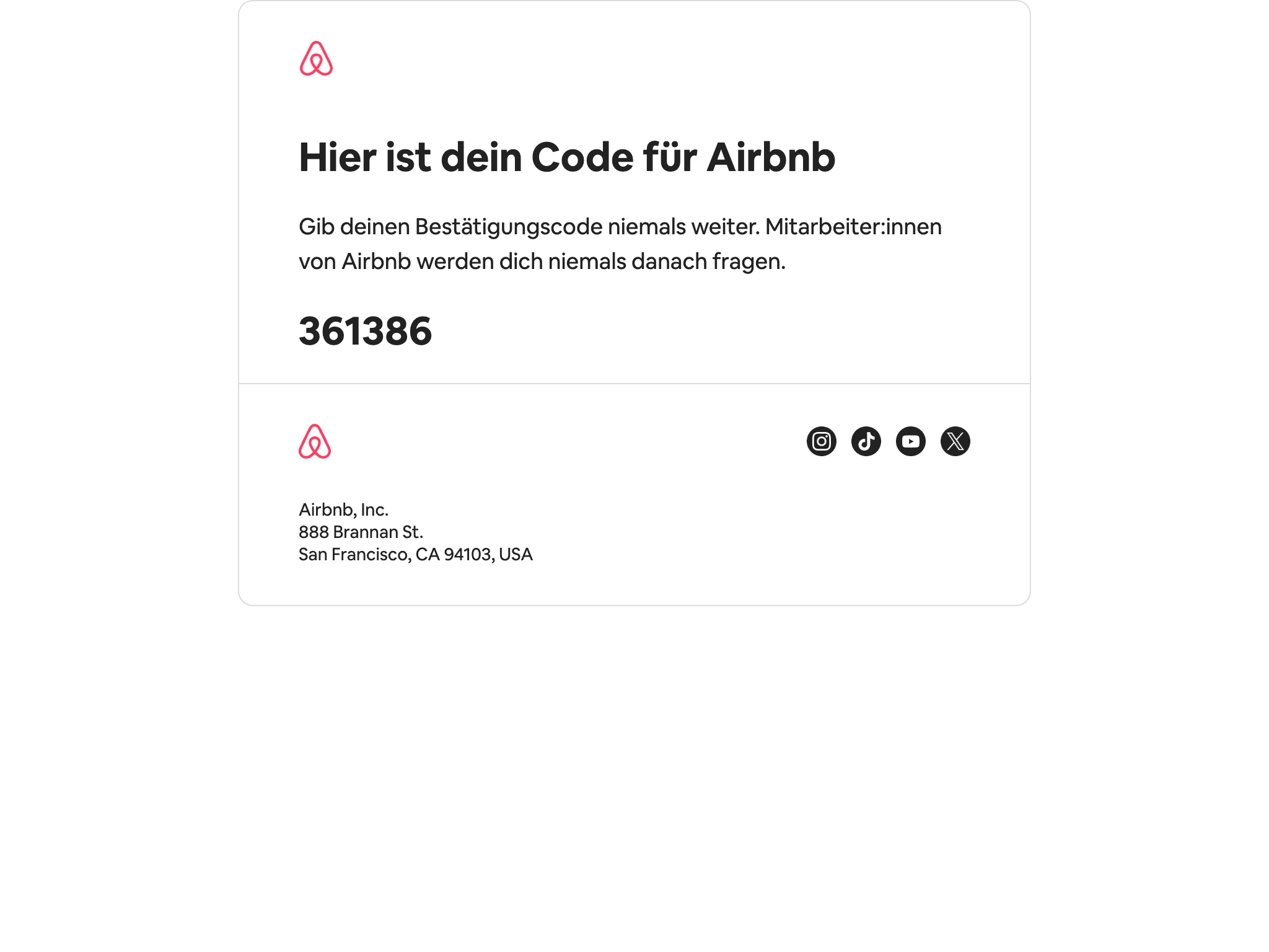 Desktop screenshot of “Dein Bestätigungscode lautet 361386” from Airbnb