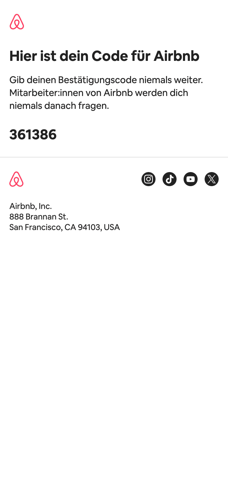 Screenshot of “Dein Bestätigungscode lautet 361386” from Airbnb