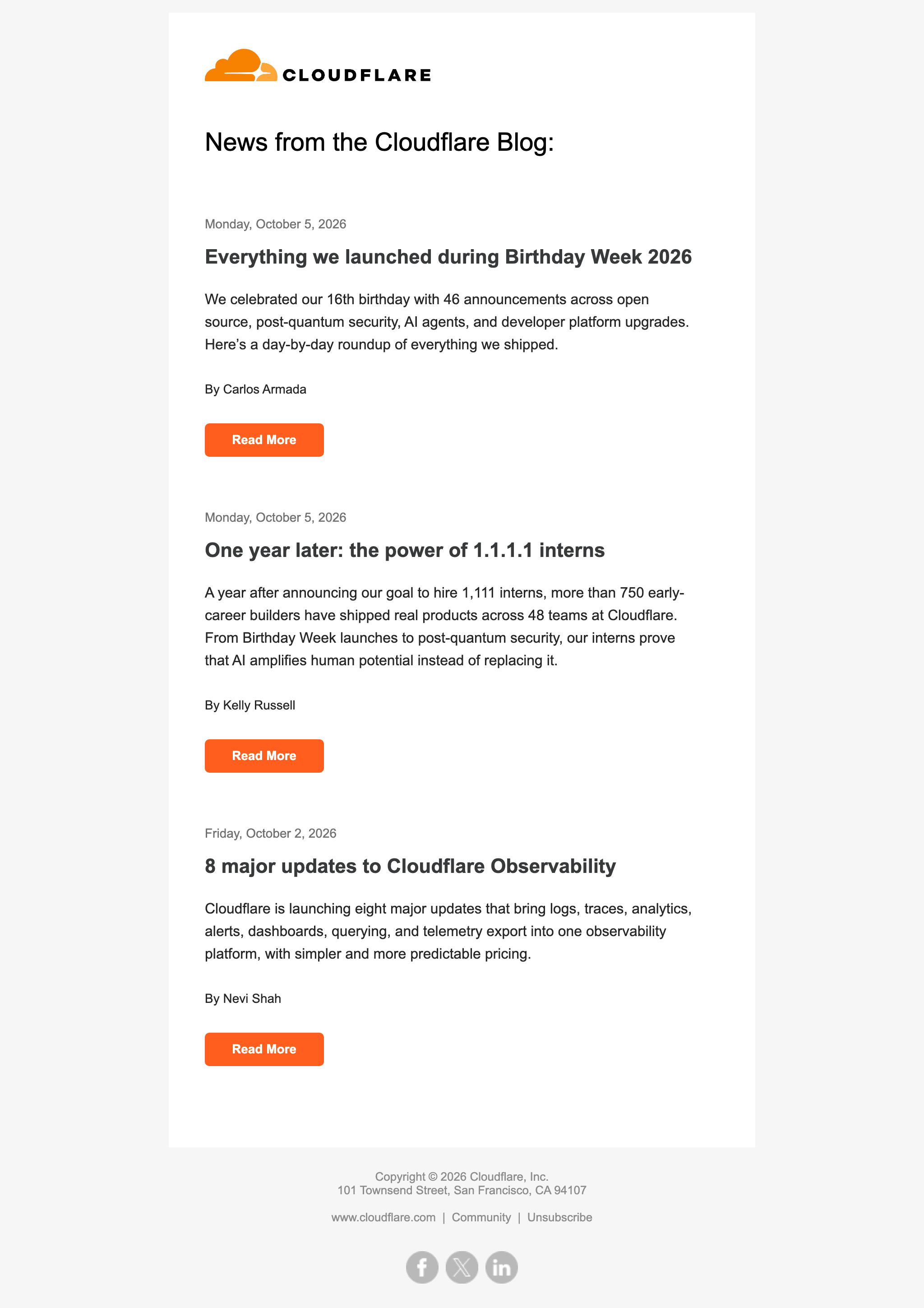 Desktop screenshot of “Read the latest posts - "Everything we launched during Birthday Week 2026"” from Cloudflare