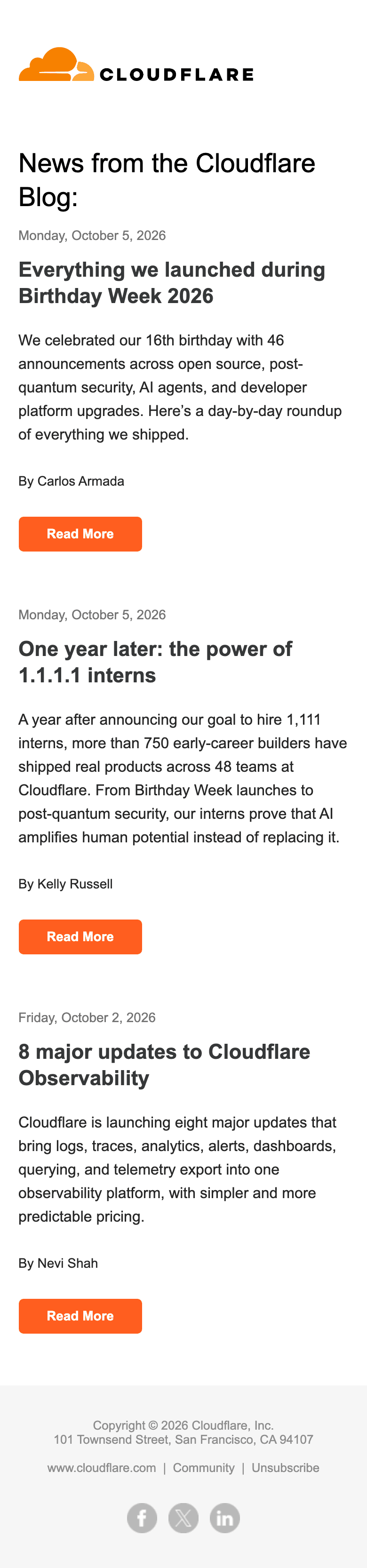 Screenshot of “Read the latest posts - "Everything we launched during Birthday Week 2026"” from Cloudflare