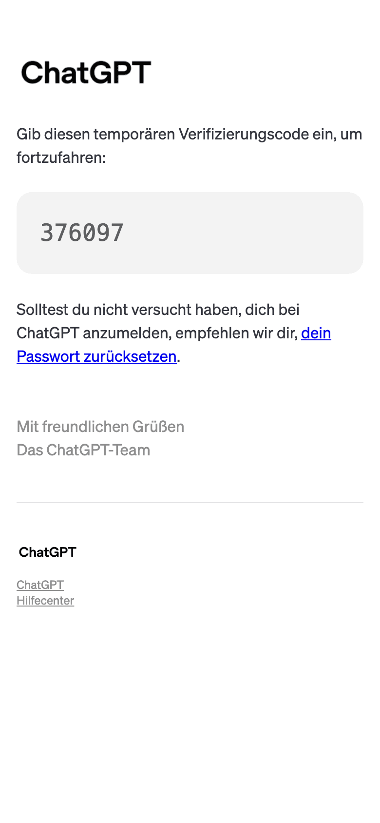 Screenshot of “Dein temporärer Anmeldecode für ChatGPT” from Openai