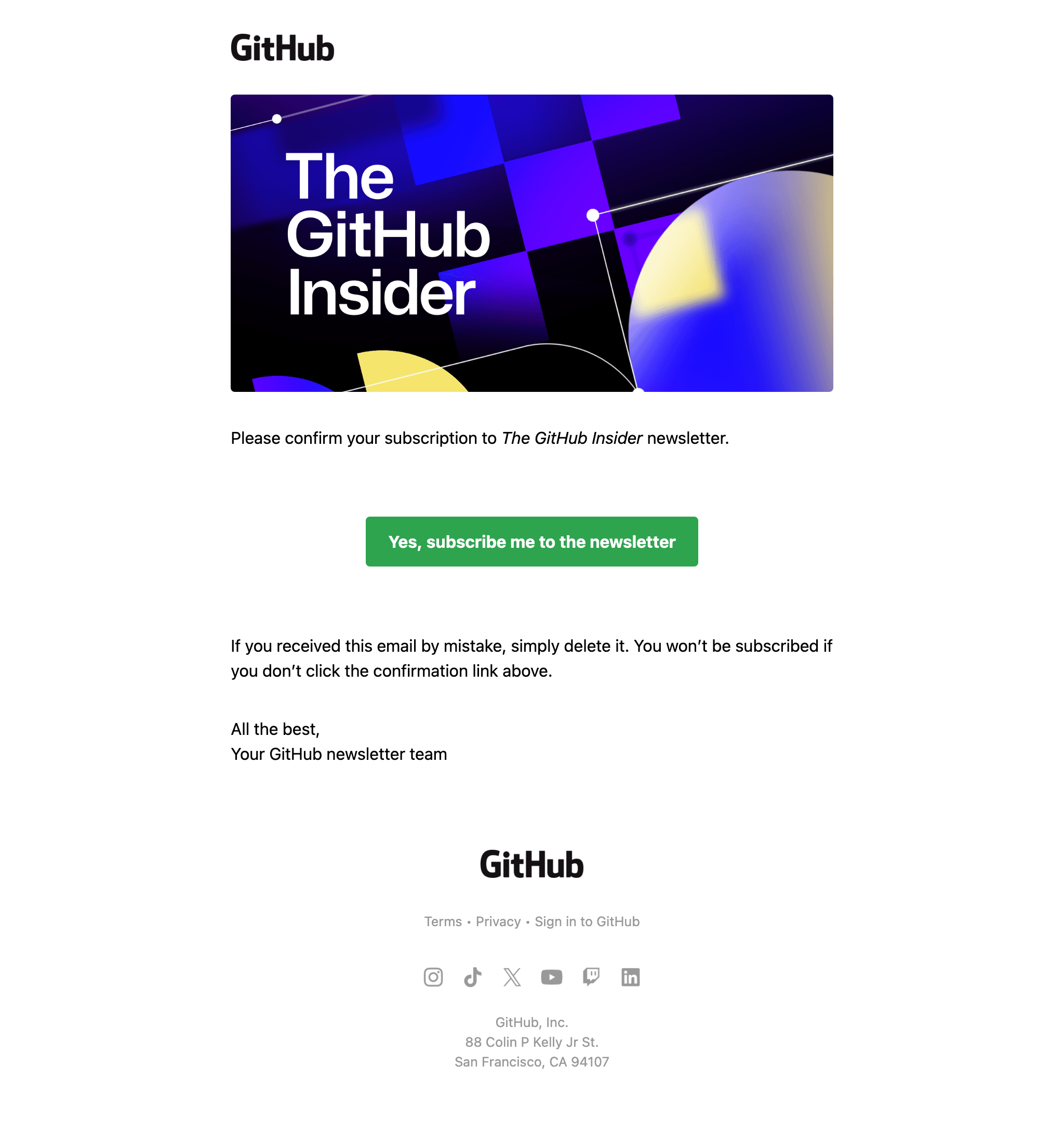Desktop screenshot of “Confirm your GitHub Insider subscription” from Github