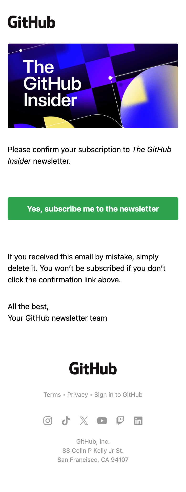 Screenshot of “Confirm your GitHub Insider subscription” from Github