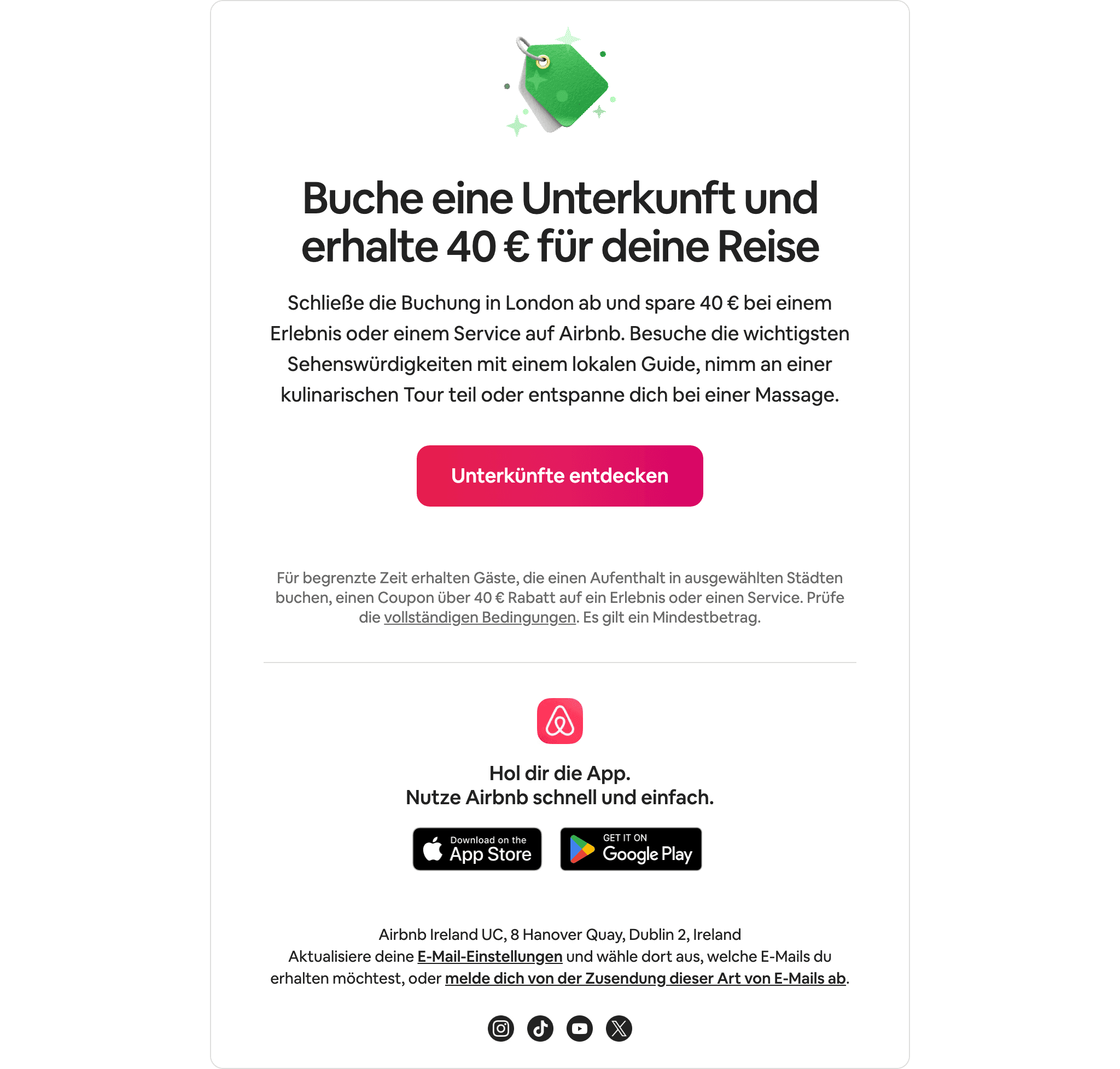Desktop screenshot of “Sichere dir ein Angebot in Höhe von 40 € für London” from Airbnb