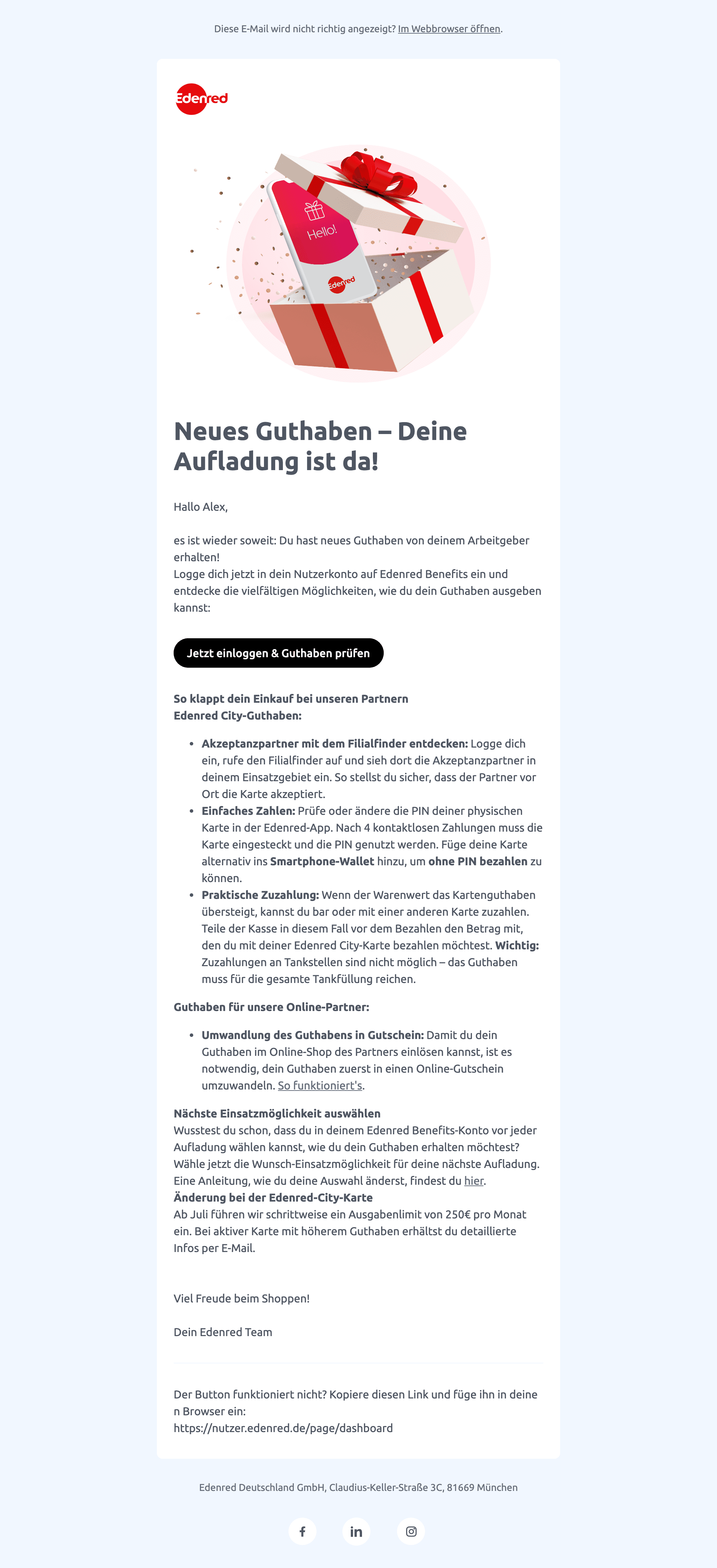 Desktop screenshot of “Neues Guthaben – Deine Aufladung ist da!” from Edenred