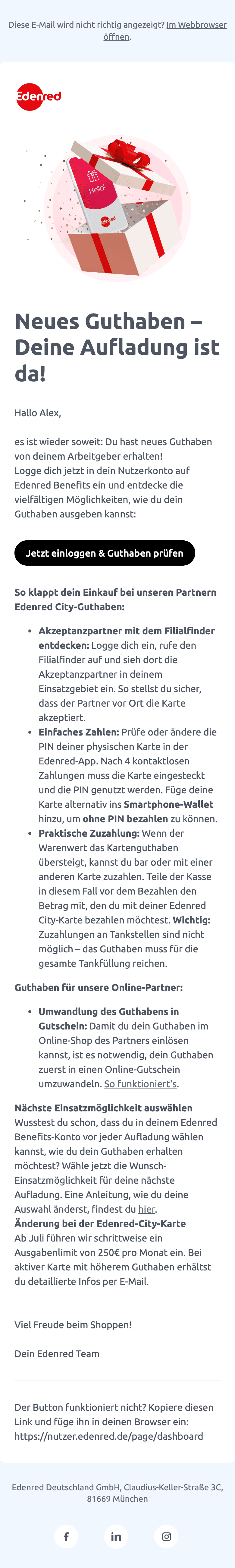 Screenshot of “Neues Guthaben – Deine Aufladung ist da!” from Edenred