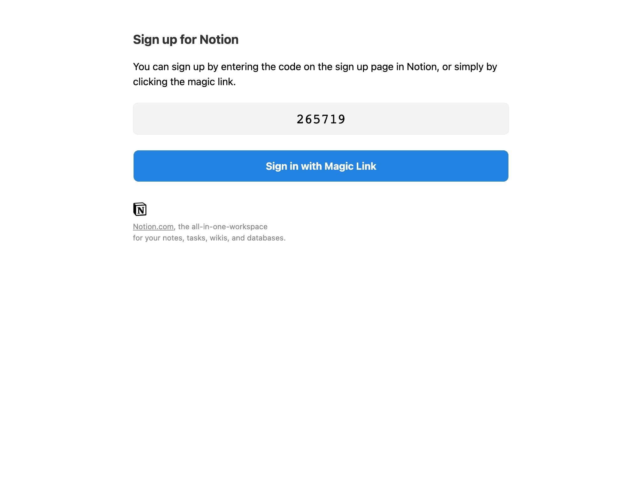 Desktop screenshot of “Your Notion signup code” from Notion