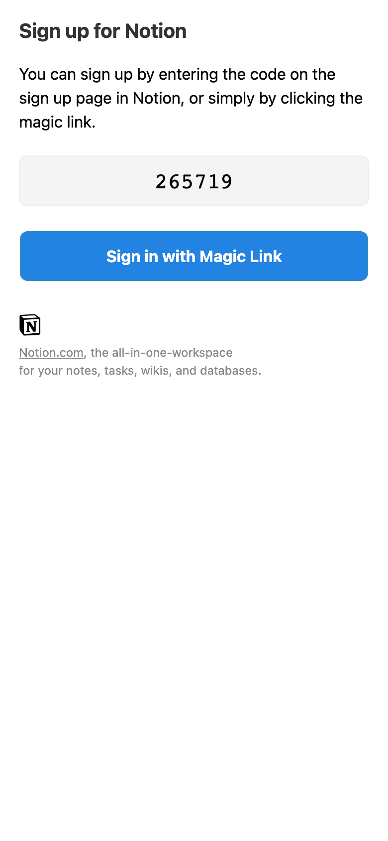 Screenshot of “Your Notion signup code” from Notion