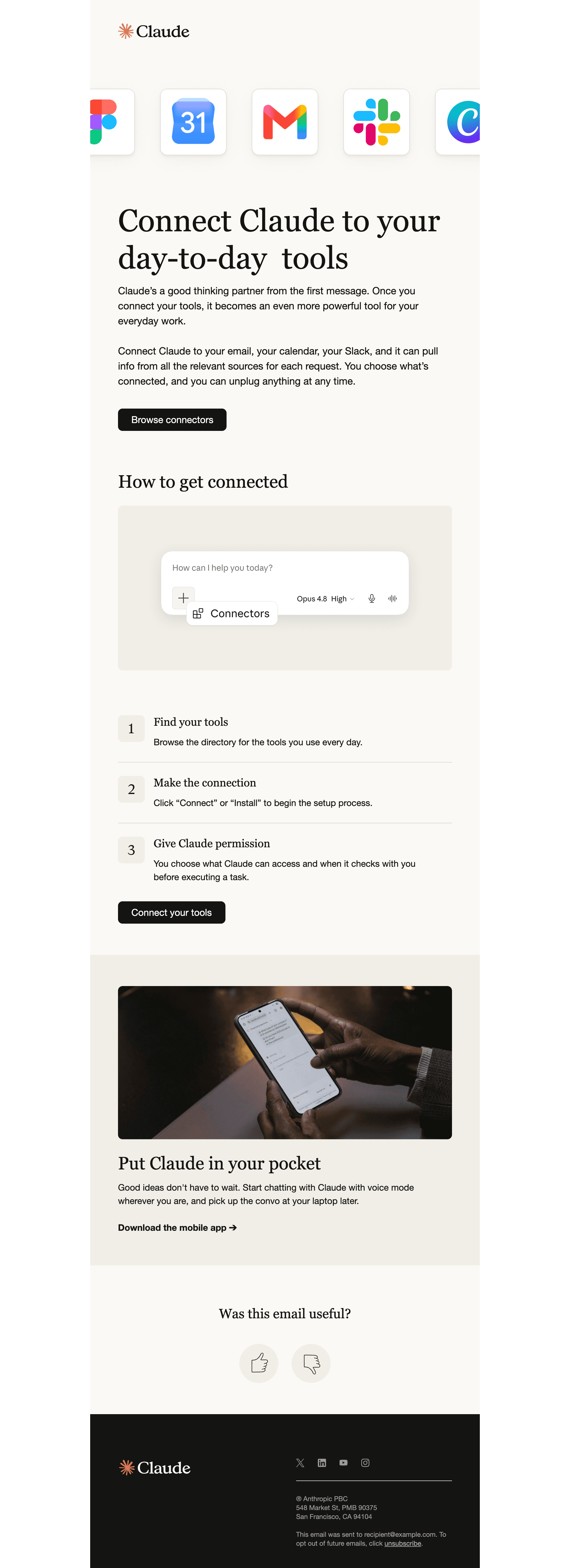 Desktop screenshot of “Connect your email, calendar, and more” from Anthropic