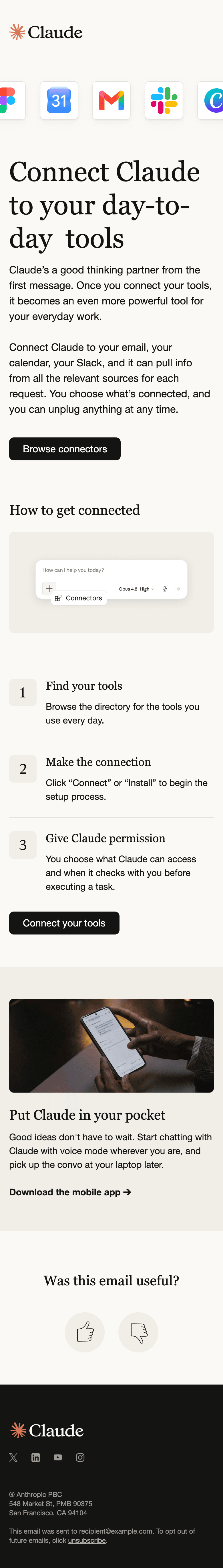 Screenshot of “Connect your email, calendar, and more” from Anthropic