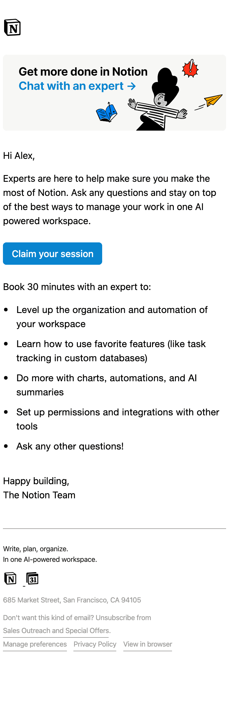 Screenshot of “Don't miss it: Reserve your free 30-minute session” from Notion