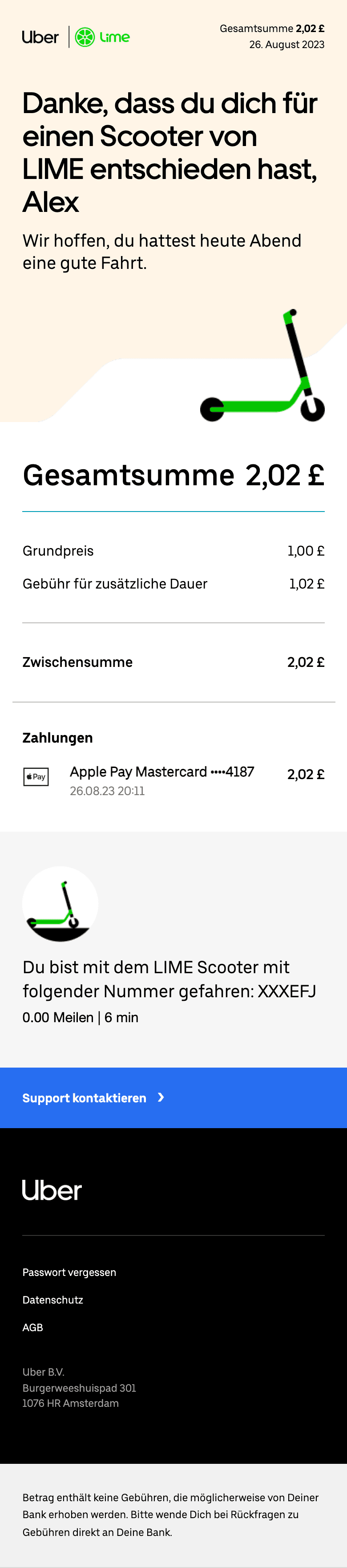 Screenshot of “Deine abendliche Fahrt mit einem Scooter von Lime am Samstag” from Uber