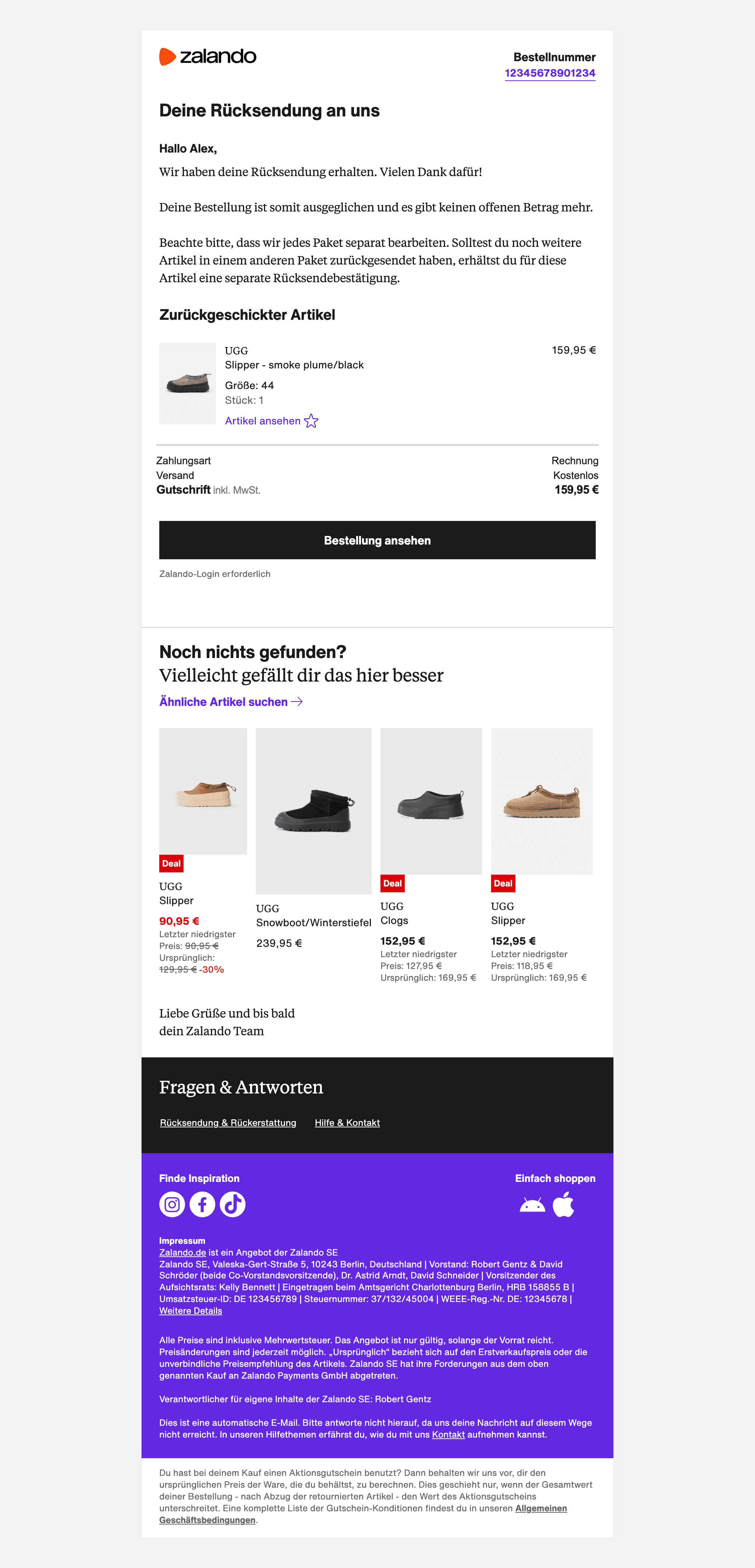 Desktop screenshot of “Deine Rücksendung an uns” from Zalando