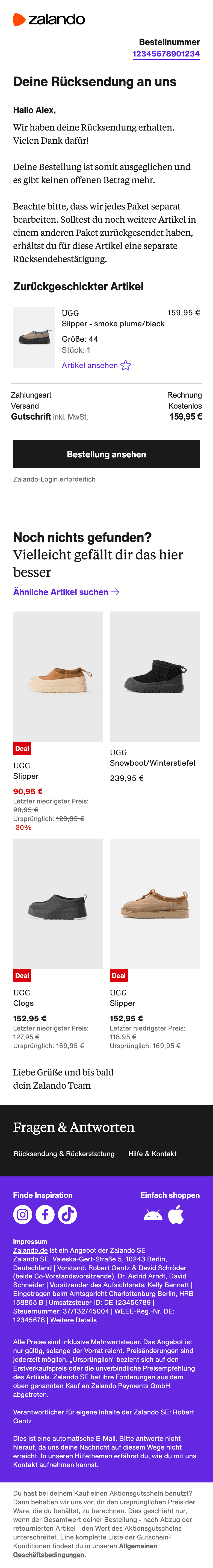 Screenshot of “Deine Rücksendung an uns” from Zalando