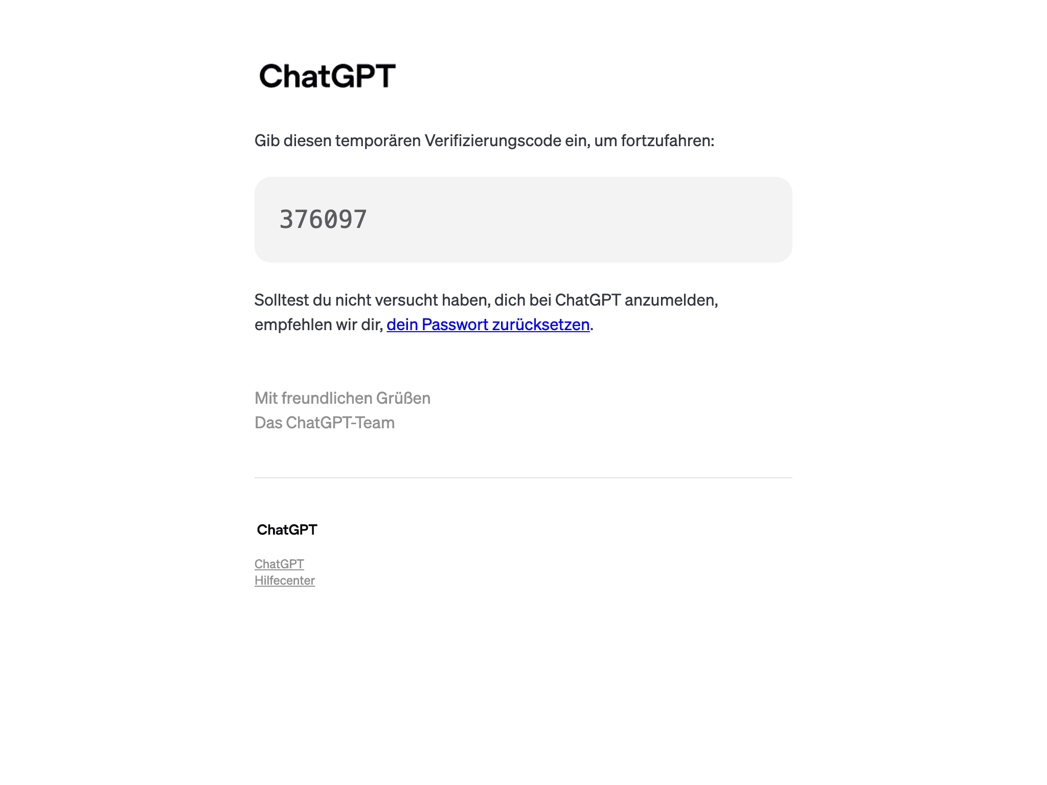 Desktop screenshot of “Dein temporärer Anmeldecode für ChatGPT” from Openai