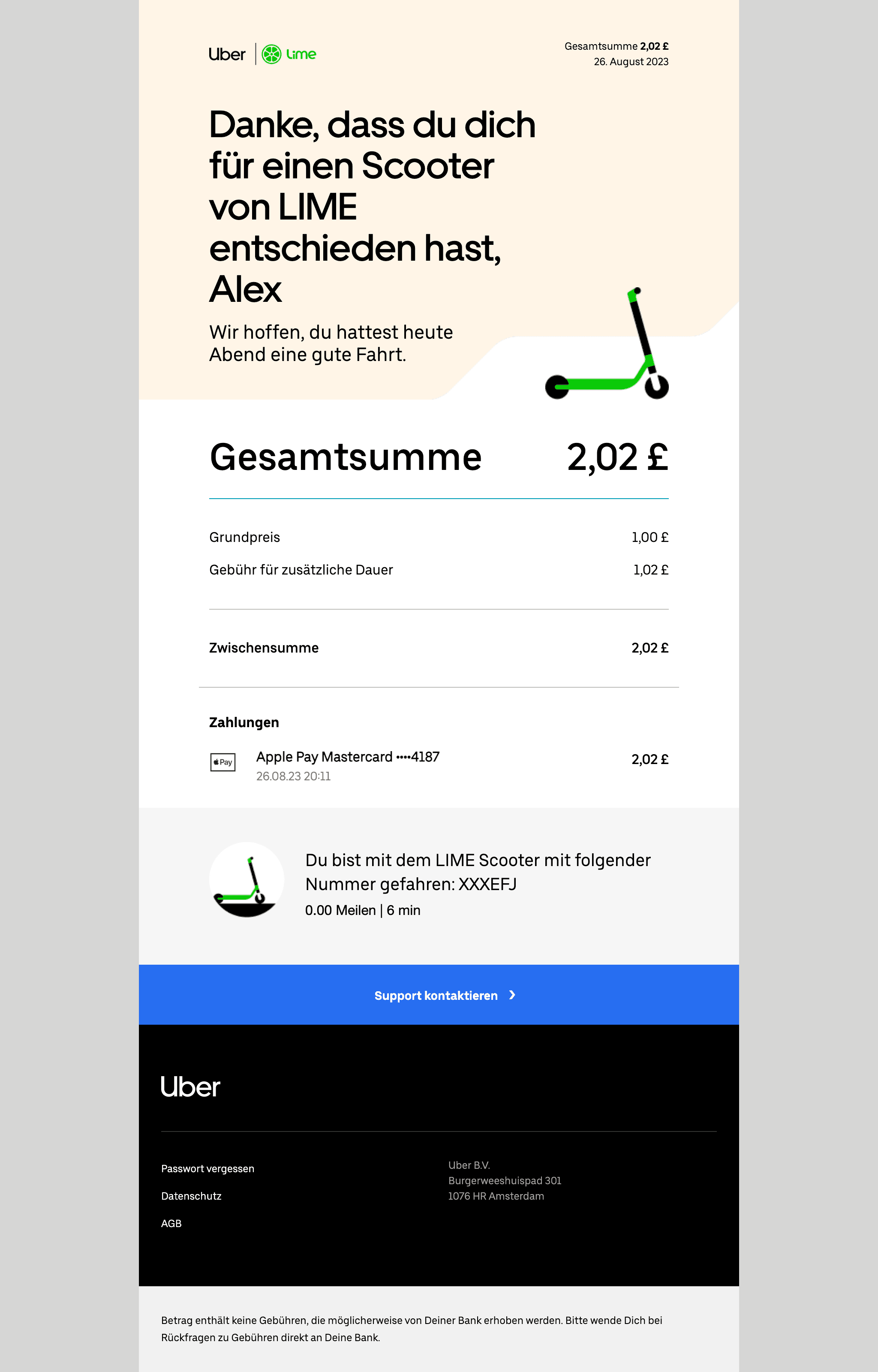 Desktop screenshot of “Deine abendliche Fahrt mit einem Scooter von Lime am Samstag” from Uber